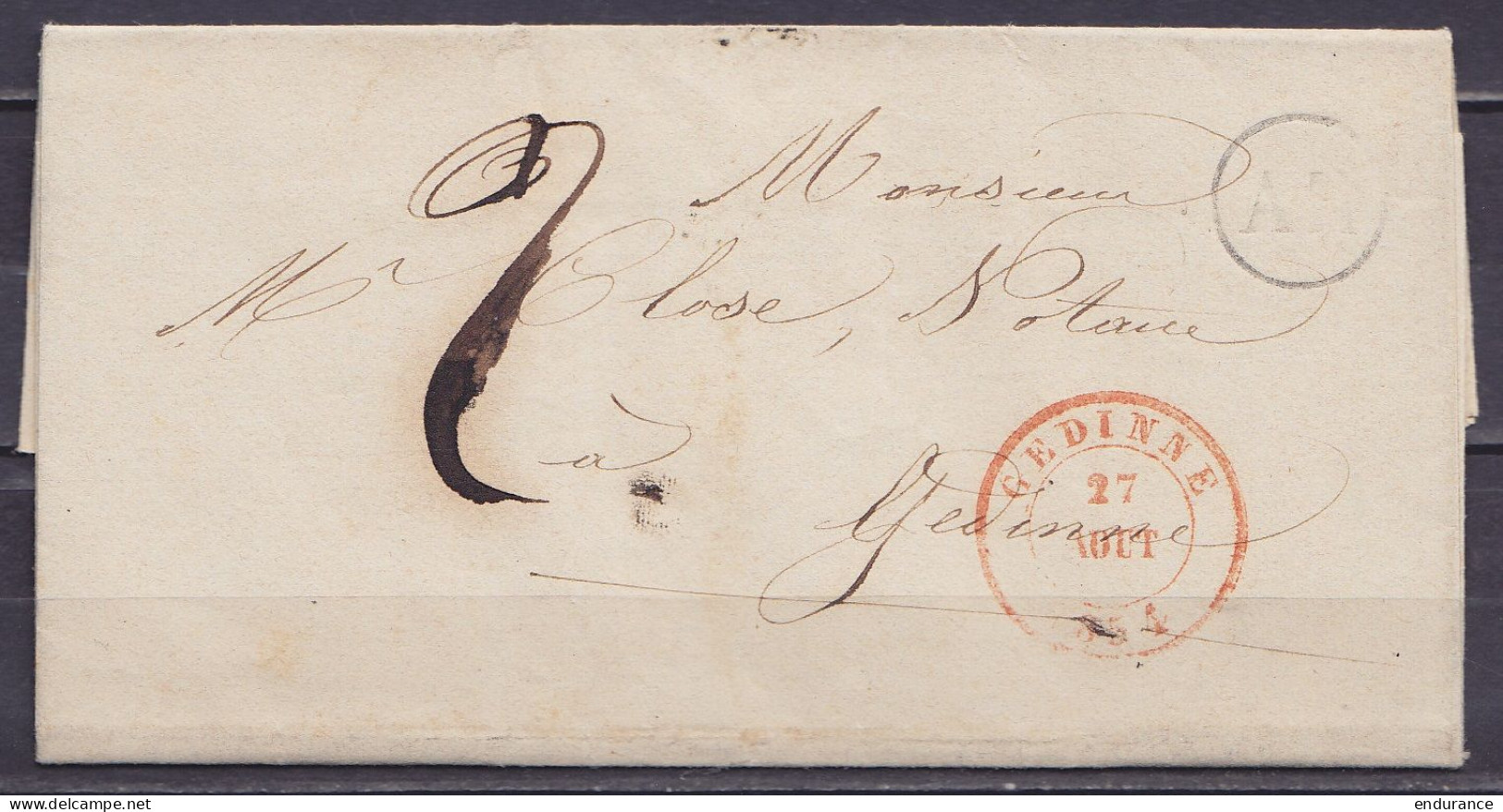 L. Datée 27 Août 1854 Càd GEDINNE /27 AOUT 1854 Pour E/V - Boîte Rurale "AH" - Port "2" - 1851-1857 Medaillons (6/8)