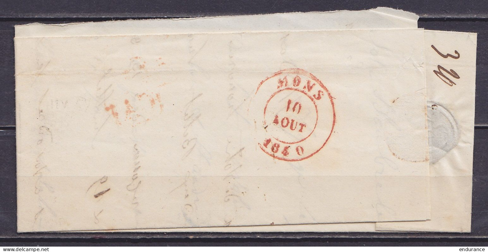 L. Datée 8 Août 1840 De Solre Càd T18 SOLRE-SUR-SAMBRE /8/VIII Pour MONS - [CA] - Port "3" (au Dos: Càd Arrivée MONS) - 1830-1849 (Unabhängiges Belgien)