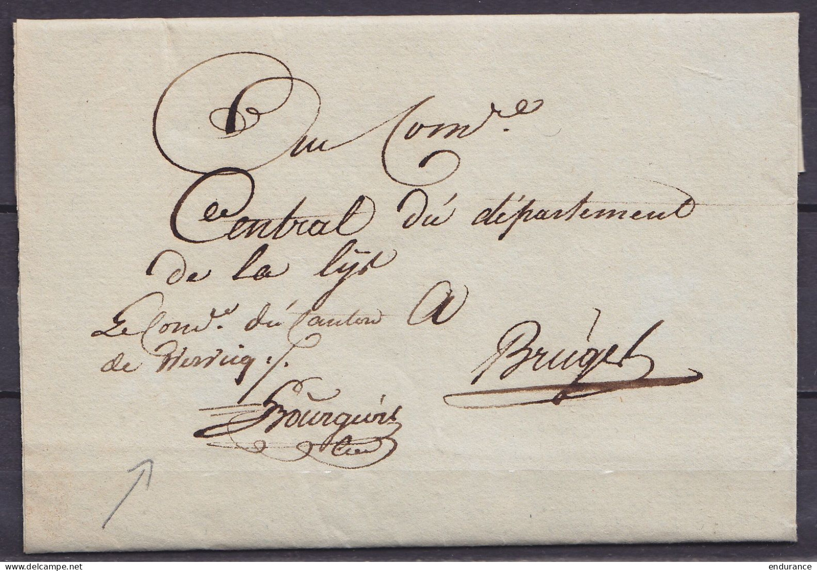 L. Datée 6 Messidor An 7 (24 Juin 1799) En Franchise De WERVICK Pour BRUGES - 1794-1814 (French Period)