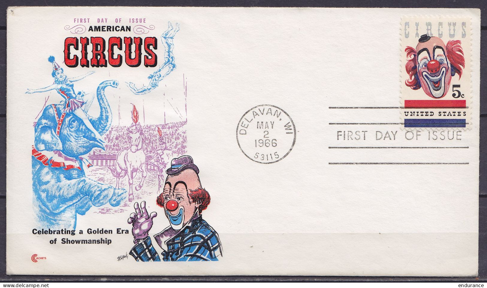 USA - FDC 5c American Circus (clown) Flam. 1e Jour DELAVAN. WI /MAY 2 1966 - Storia Postale