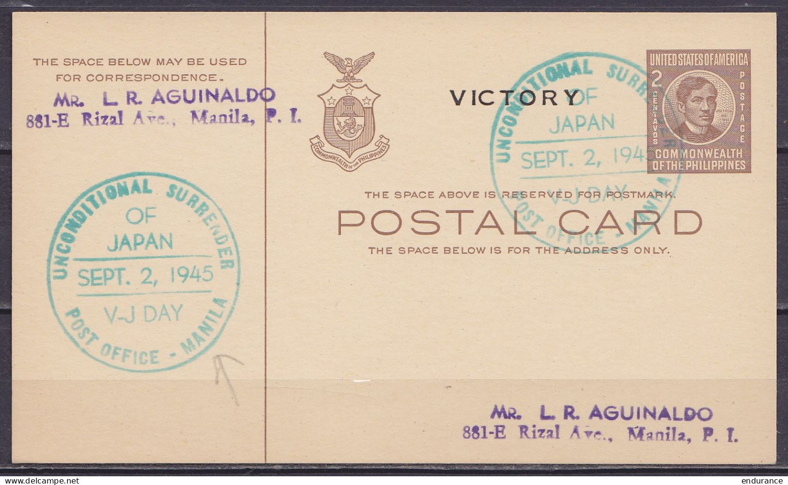 Philippines (USA) - EP CP 2c Càd Commémoratif "UNCONDITIONAL SURENDER OF JAPAN /SEPT.2, 1945/ V-J DAY /POST OFFICE - MAN - Philippines