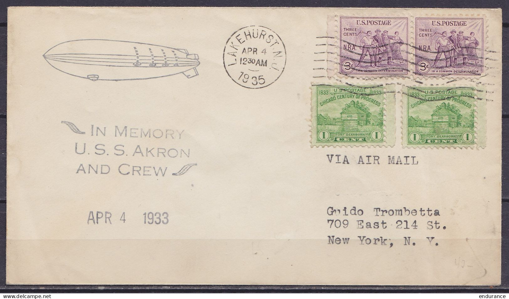 USA - L. Par Avion Affr. 8c Flam. LAKEHURST.N.J. /APR 4 1935 Pour NEW YORK Cachet Illustré Dirigeable Zeppelin "IN MEMOR - 1c. 1918-1940 Briefe U. Dokumente
