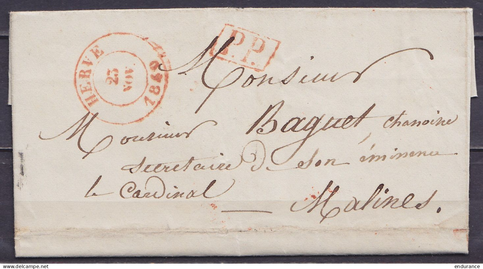 L. Datée 21 Novembre 1840 De HERVE Càd HERVE /23 NOV 1840 Pour MALINES - [P.P.] (au Dos: Port "3" & Càd Arrivée MALINES) - 1830-1849 (Belgique Indépendante)