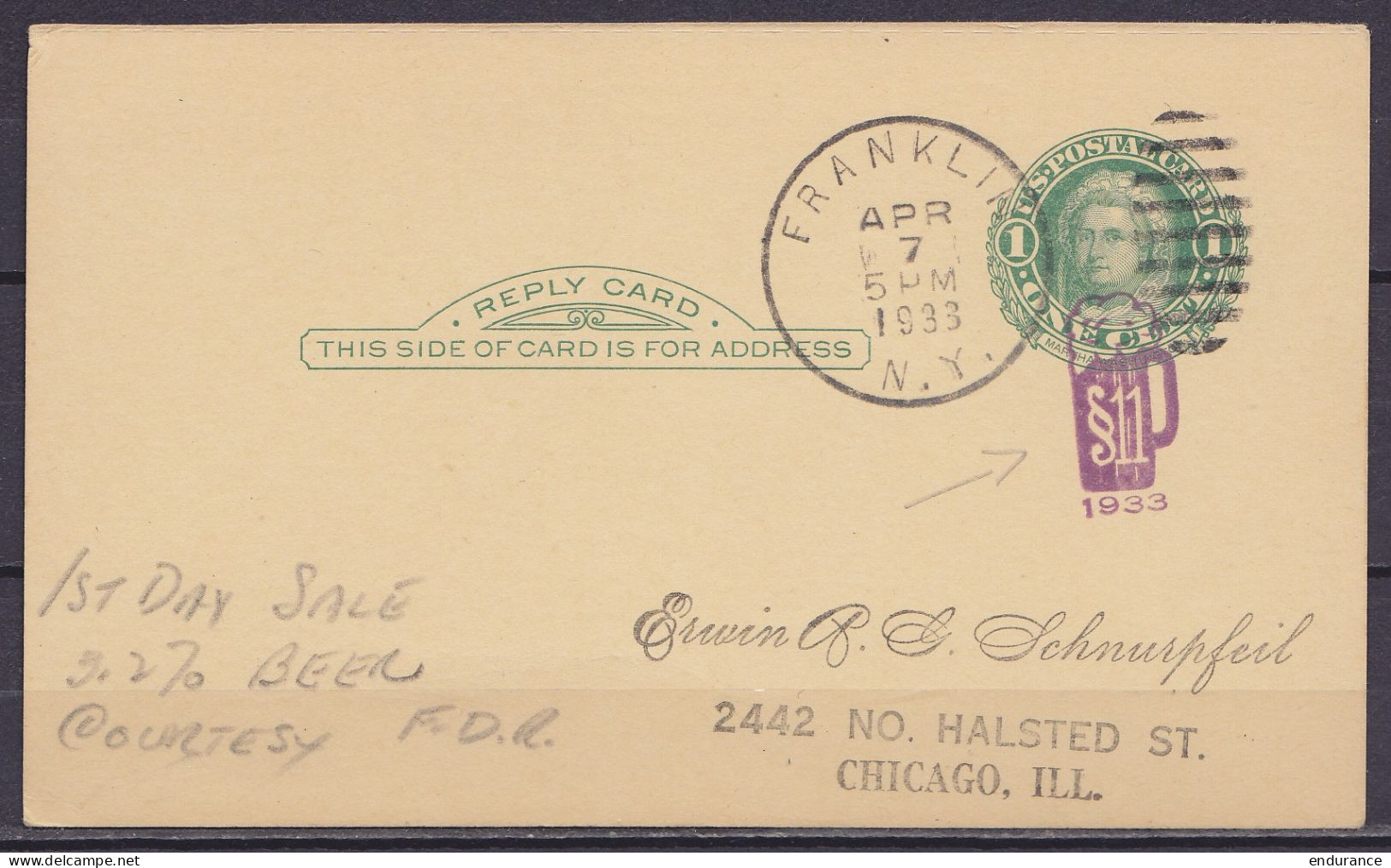 USA - EP CP "Reply Card" 1c Vert Martha Washington Càd (1e Jour) FRANKLIN /APR 7 1933 N.Y. & Cachet Verre De Bière "§11  - Storia Postale