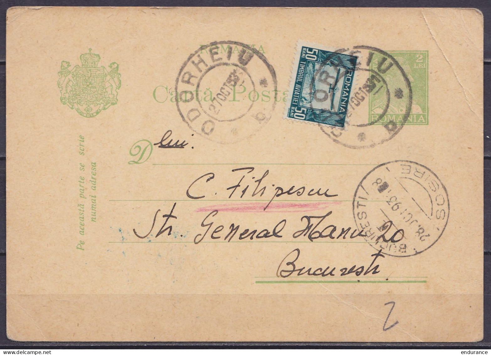 Roumanie - EP CP Carte Postale 2L + 50b Càd ODORHEIU /27 OCT 1893 Pour BUCURESTI - Càd Arrivée "BUCURESTI /28.OCT.93/ SO - Lettres & Documents