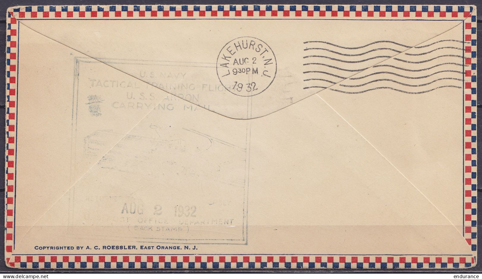 USA - L. Par Avion Affr. 8c Flam. LAKEHURST.N.J. /AUG 1 1932 Pour CHICAGO Illinois Cachet Illustré Dirigeable Zeppelin " - 1c. 1918-1940 Lettres