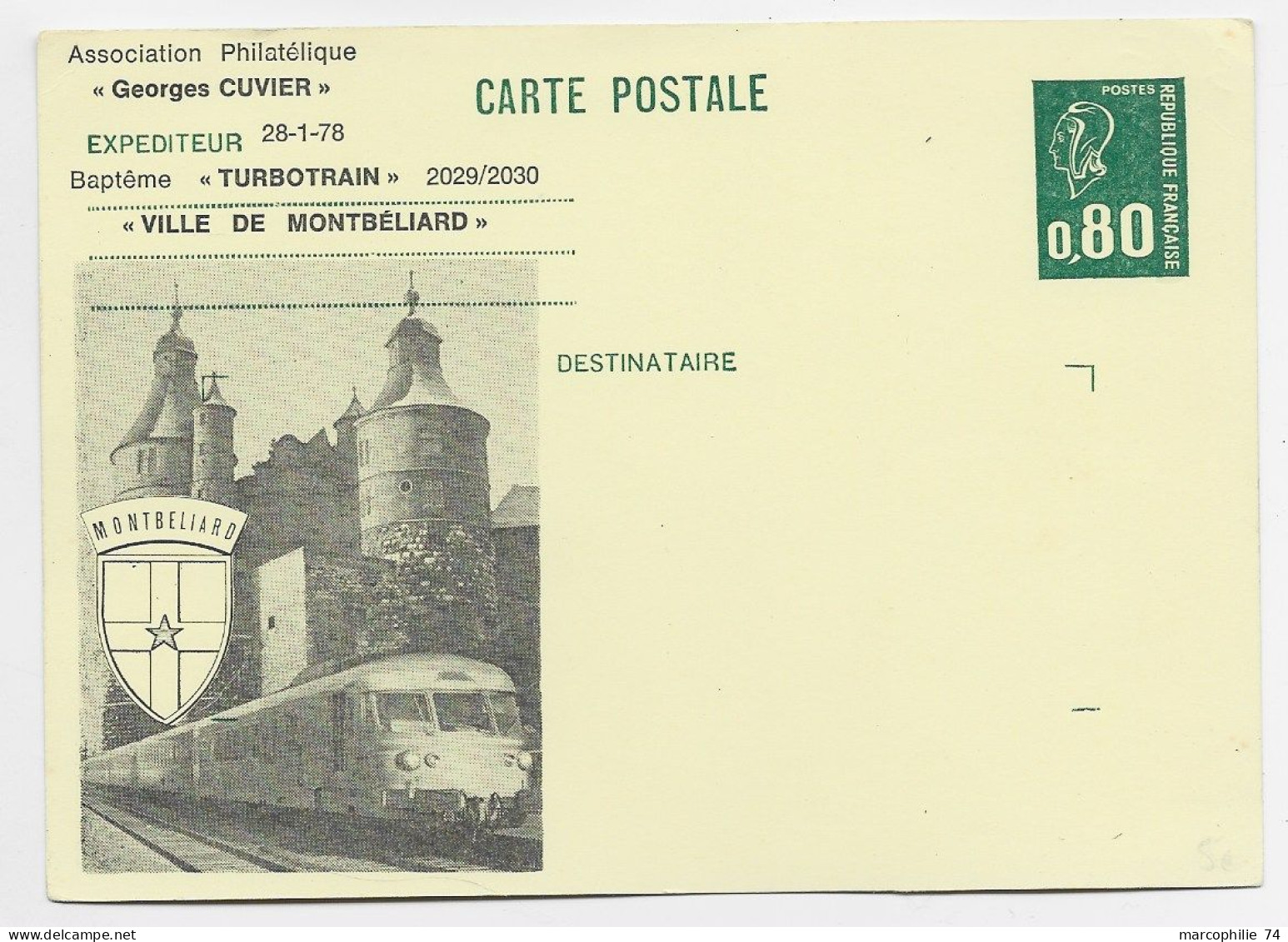 FRANCE ENTIER 80C BEQUET CARTE POSTALE REPIQUAGE VILLE DE MONTBELIARD DOUBS - Postales  Transplantadas (antes 1995)