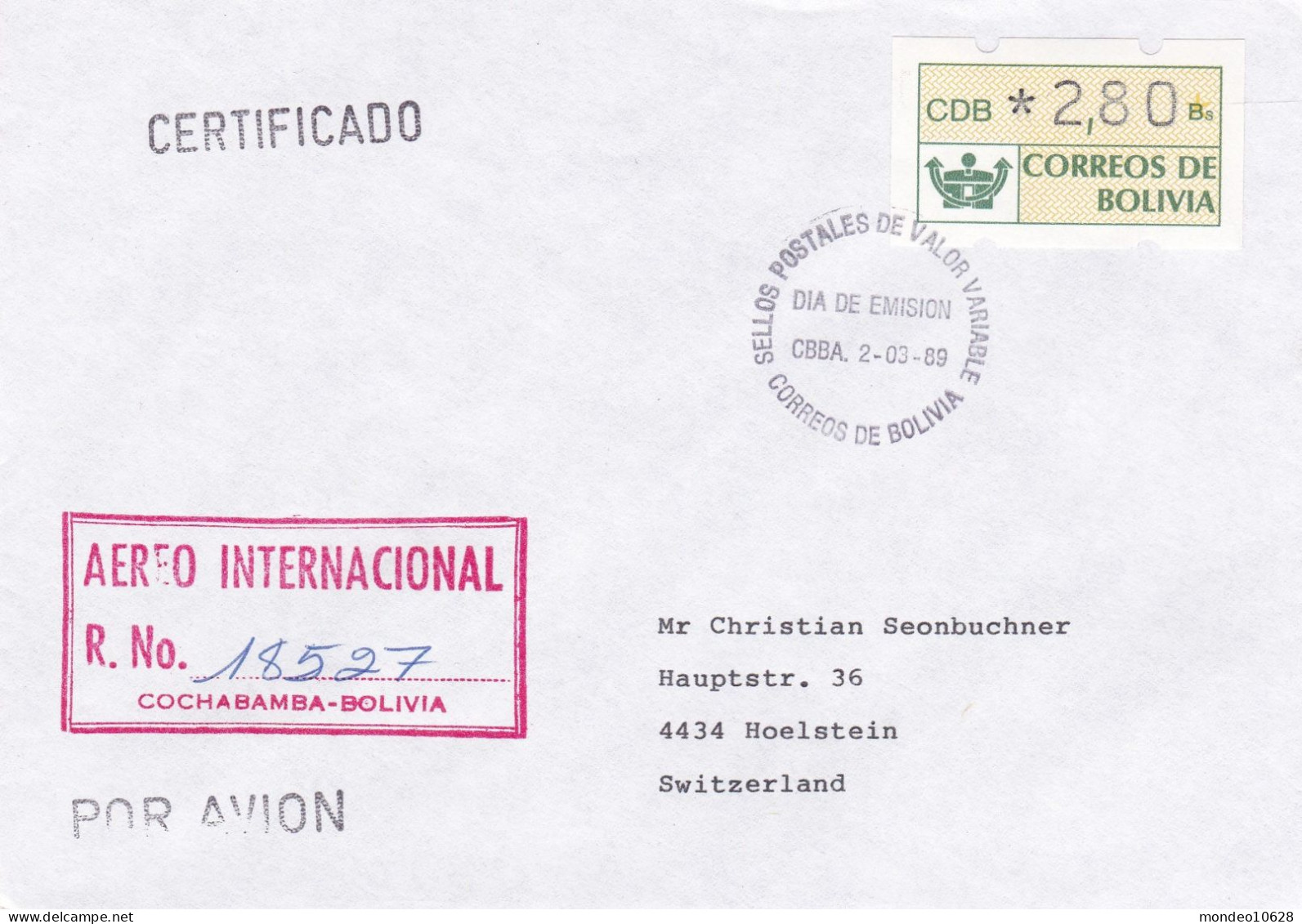 ATM Bolivien, Ausgabe 02.03.1989, R-ET Brief (40) - Bolivia