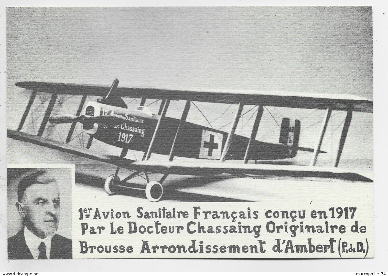 FRANCE CARTE SPECIALE 1ER AVION SANITAIRE DR CHASSAING + VIGNETTE CROIX ROUGE 10.11 OCT 1970 63 AMBERT PUY DE DOME - Croix Rouge