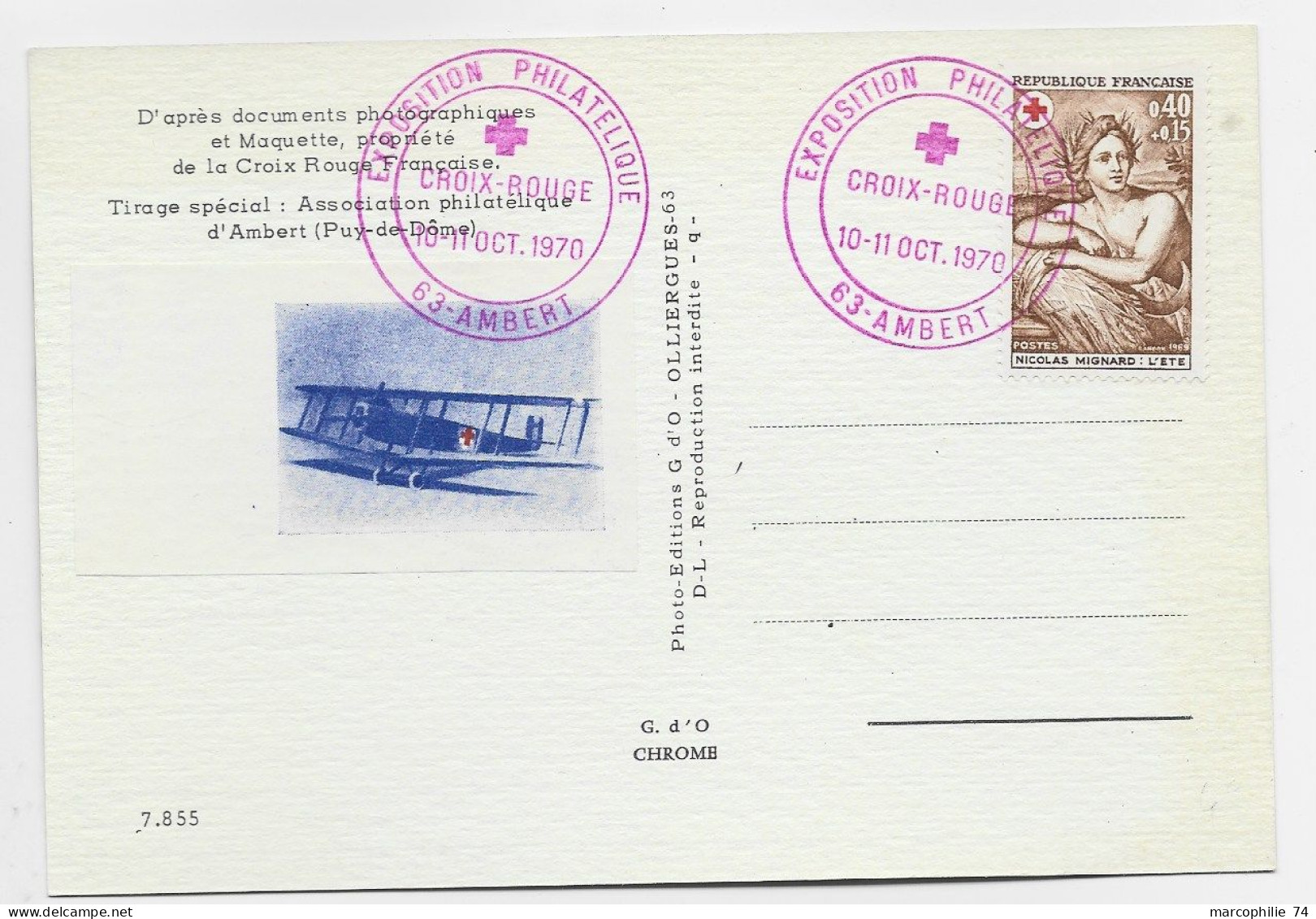 FRANCE CARTE SPECIALE 1ER AVION SANITAIRE DR CHASSAING + VIGNETTE CROIX ROUGE 10.11 OCT 1970 63 AMBERT PUY DE DOME - Rotes Kreuz