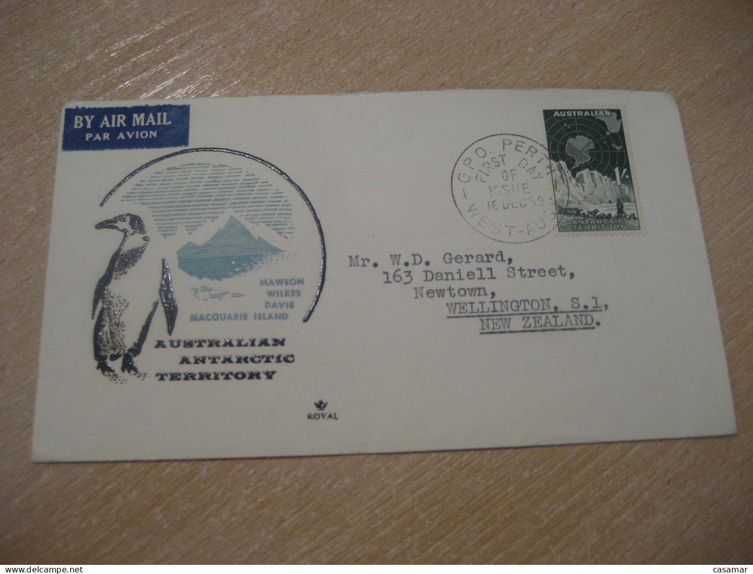 G.P.O. PERTH 1959 To Wellington New Zealand Penguin Air Mail FDC Cancel Cover AAT AUSTRALIAN ANTARCTIC TERRITORY A.A.T. - Cartas & Documentos