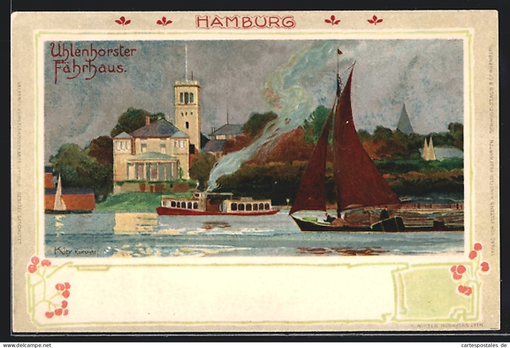 Lithographie Hamburg, Blick Zum Uhlenhorster Fährhaus  - Nord