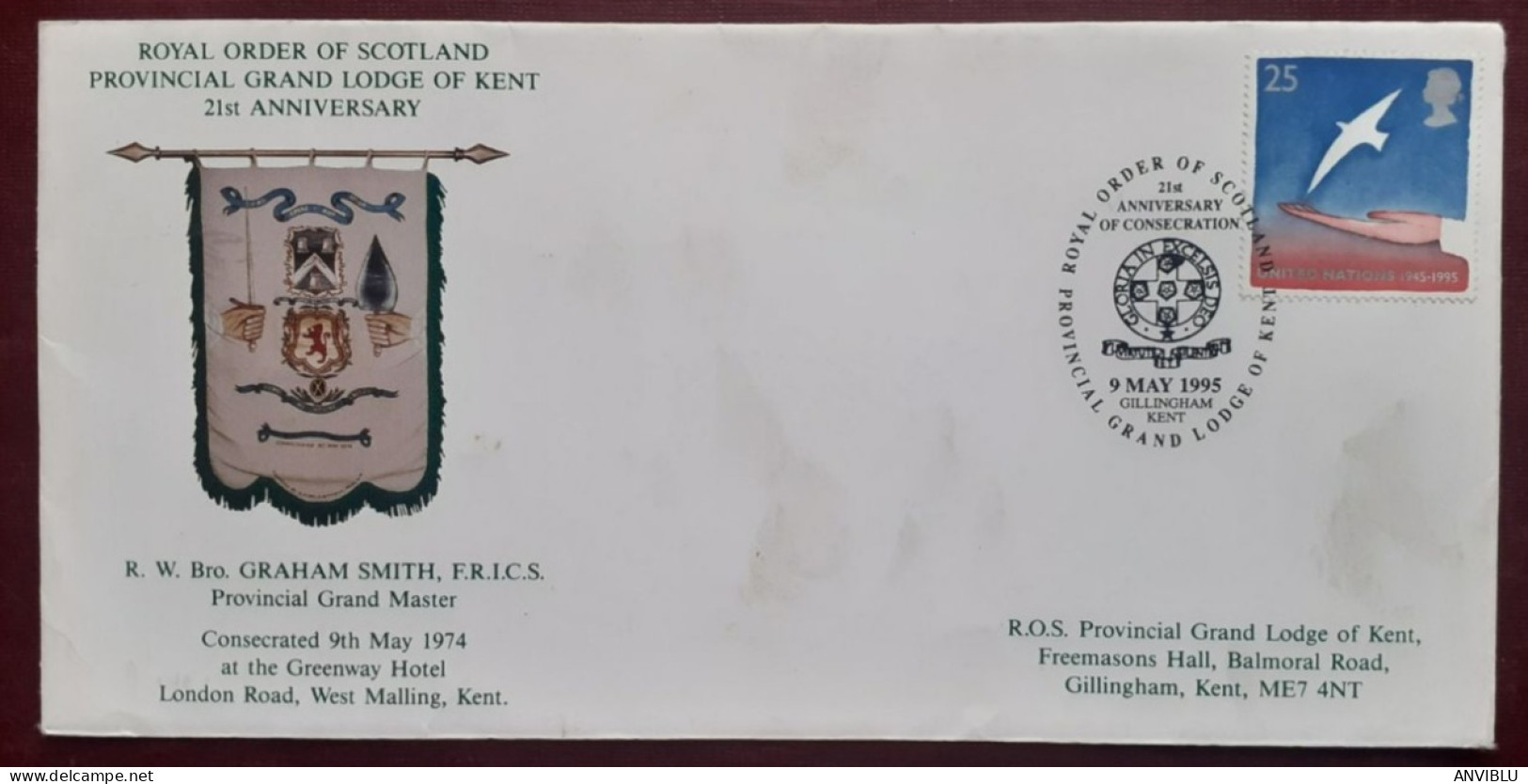 LETTER G-BRETAGNE N°1819 (y&t) Gillingham 9 Mai 1995 - 21st An Royal Order Of Scotland Provincial Grad Lodge Of Kent - Luftpost & Aerogramme