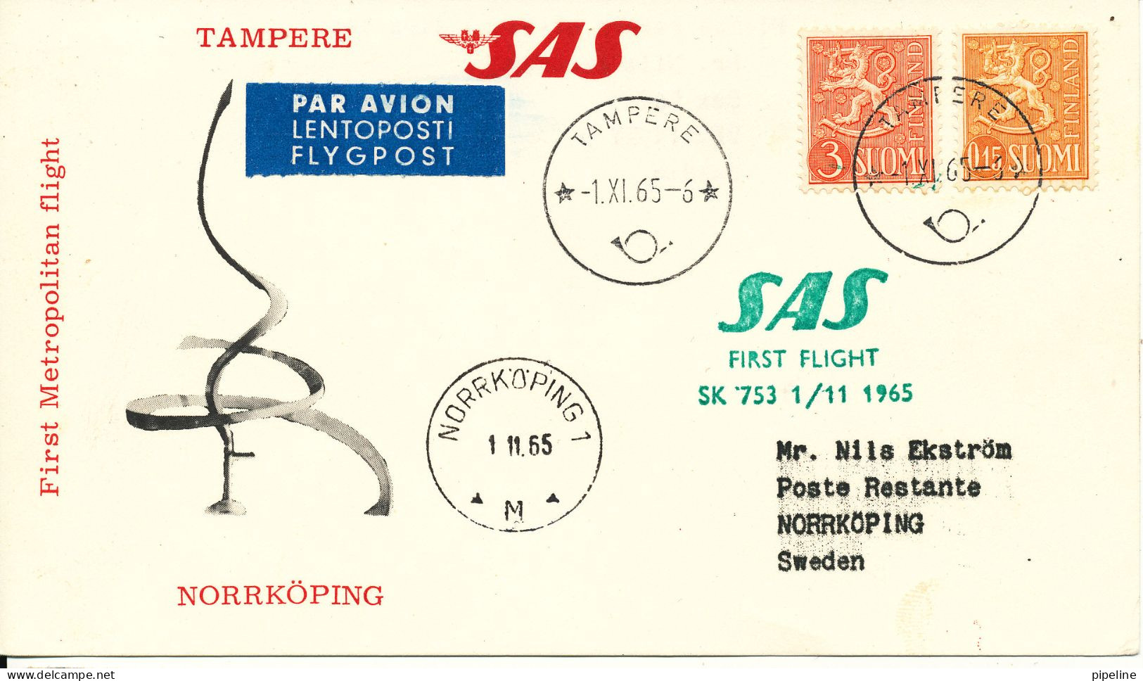 Finland Card First SAS Metropolitan Flight Tampere - Norrköping 1-11-1965 - Brieven En Documenten