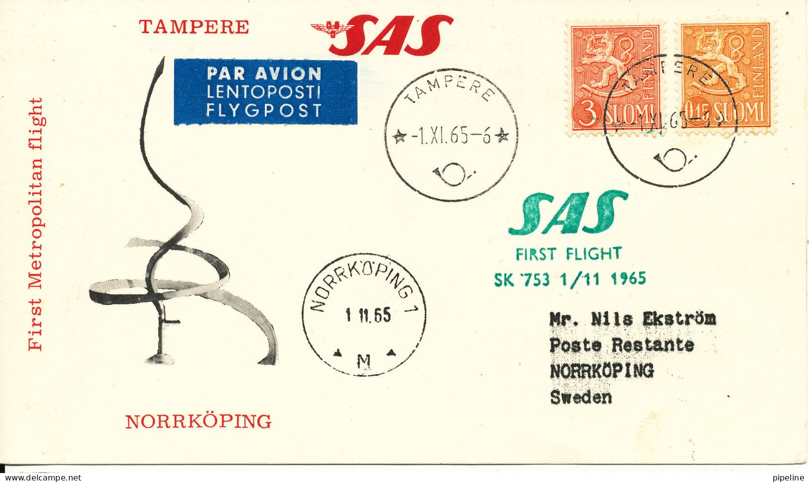 Finland Card First SAS Metropolitan Flight Tampere - Norrköping 1-11-1965 - Cartas & Documentos