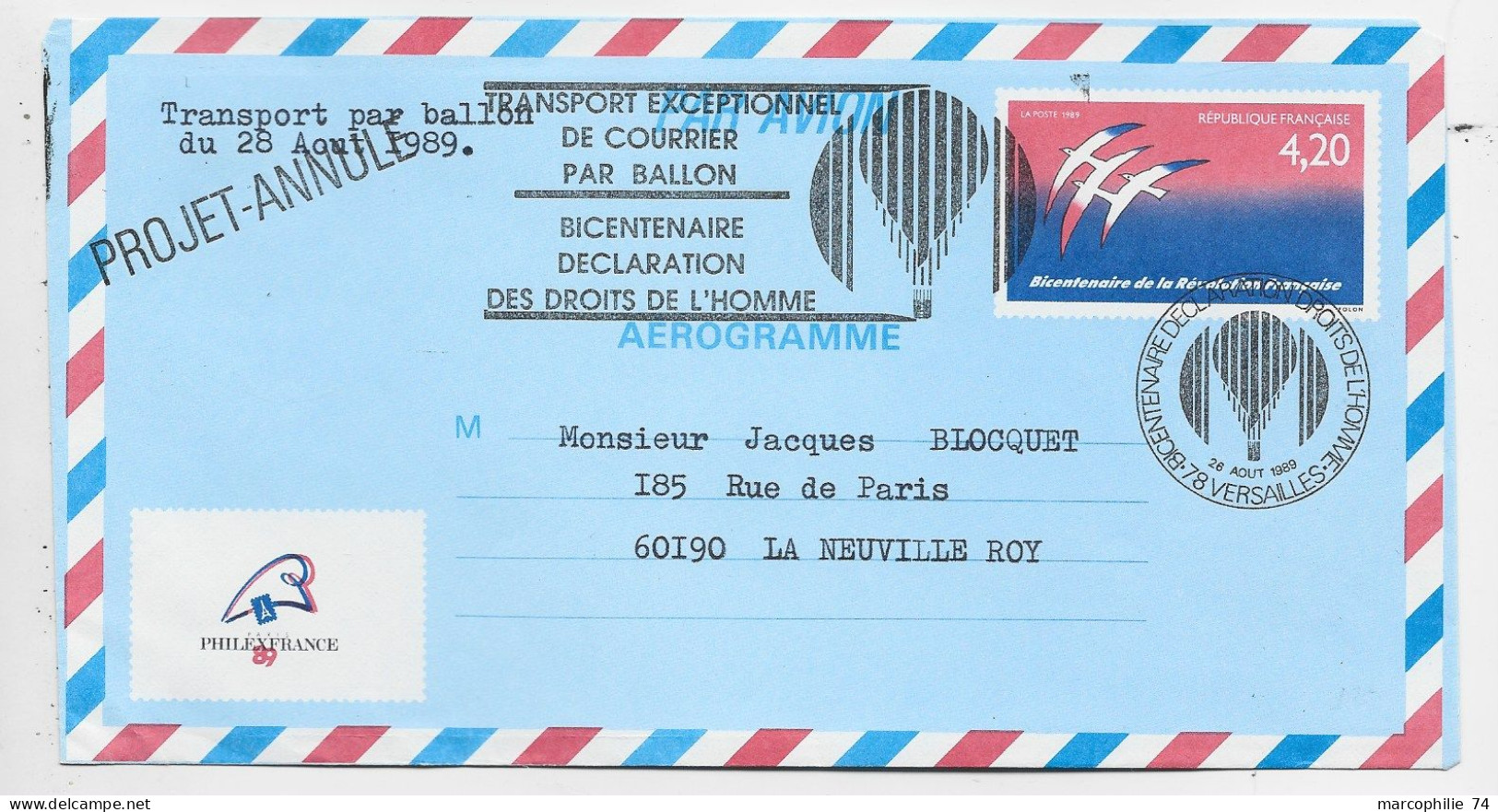 FRANCE AEROGRAMME 4.20 FOLON ENVELOPPE COVER TRANSPORT EXCEPTIONNEL PAR BALLON 1989 PHILEX PROJET ANNULE - Aerogrammi