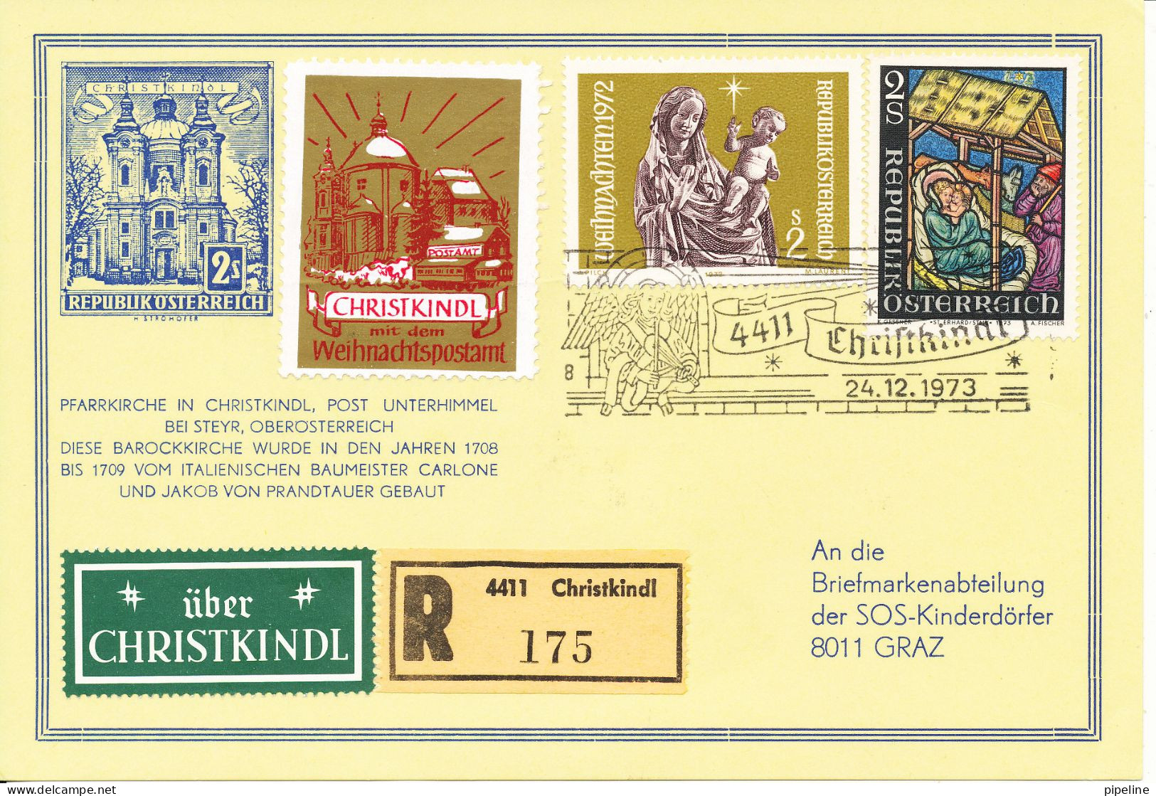 Austria Registered Card Christkindl  24-12-1973 Sent To SOS Kinderdörfer Graz - Cartas & Documentos