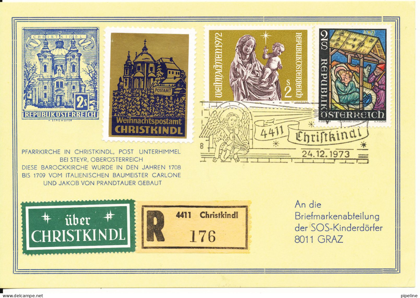 Austria Registered Card Christkindl 24-12-1973 Sent To SOS Kinderdörfer Graz - Cartas & Documentos