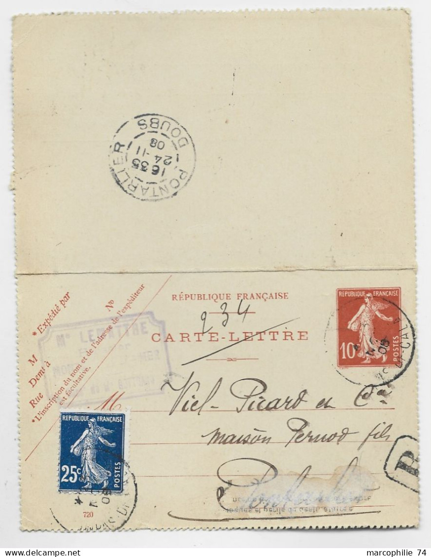 ENTIER 10C SEMEUSE CARTE LETTRE REPIQUAGE HUISSIER LEMATTRE MONTREUIL PAS DE CALAIS + SEMEUSE 25C BLEU NOIR 1908  PERNOD - Letter Cards