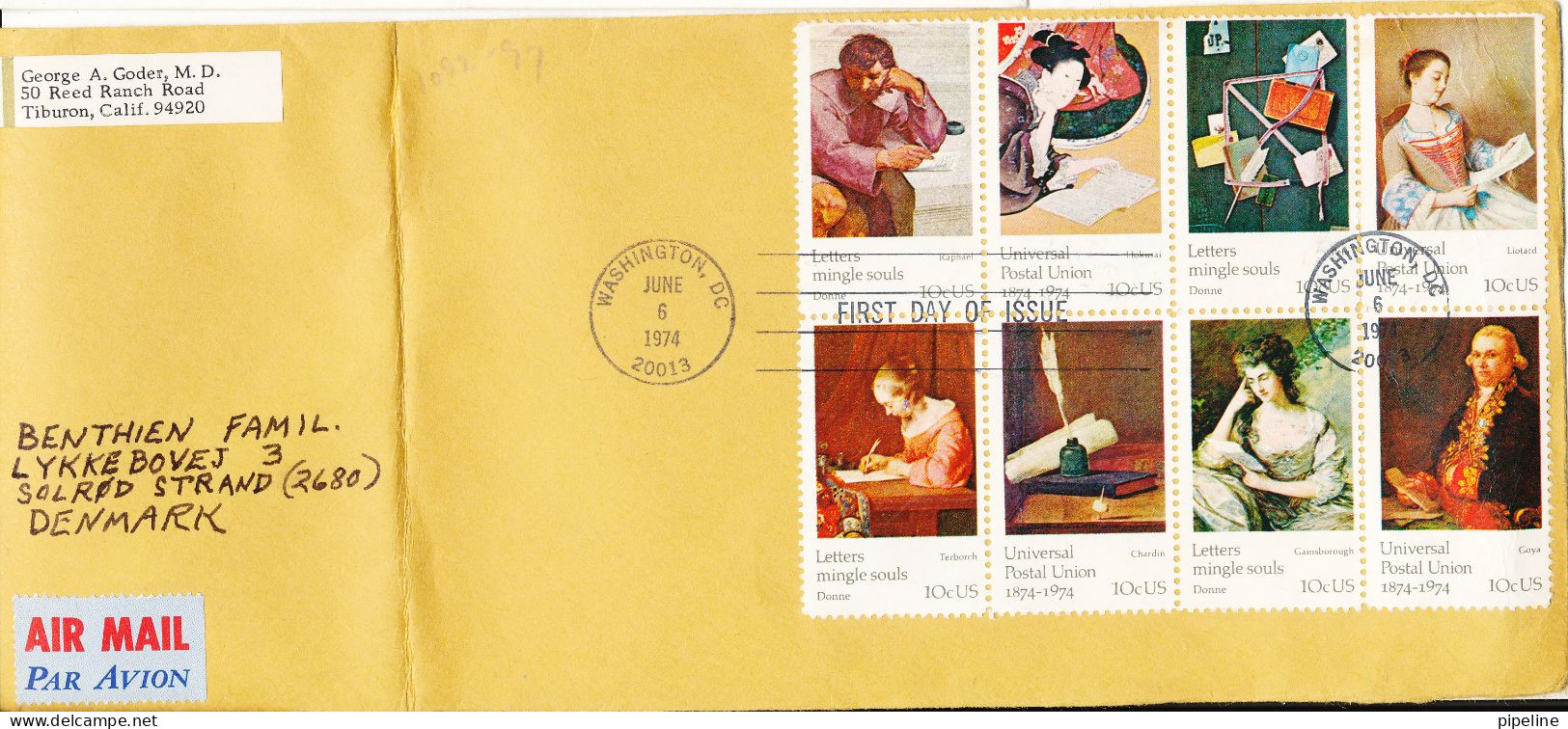 USA FDC 6-6-1974 Centenary Of UPU In A Block Of 8 Sent To Denmark (the Cover Is Folded In The Left Side) - 1961-1970