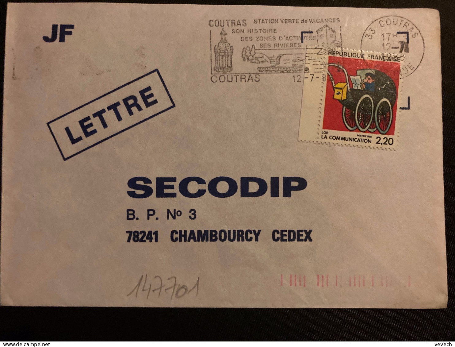 LETTRE TP YT 2513 LA COMMUNICATION LOB 2,20 OBL.MEC.12-7 1988 33 COUTRAS GIRONDE - Brieven En Documenten