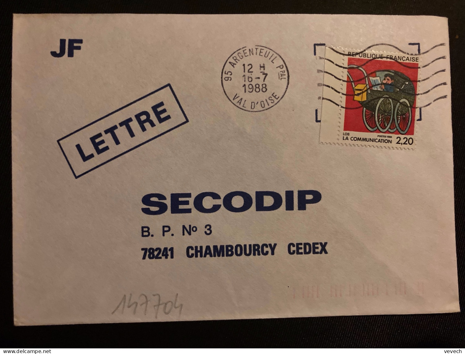 LETTRE TP YT 2513 LA COMMUNICATION LOB 2,20 OBL.MEC.16-7 1988 95 ARGENTEUIL PPAL VAL D'OISE - Covers & Documents