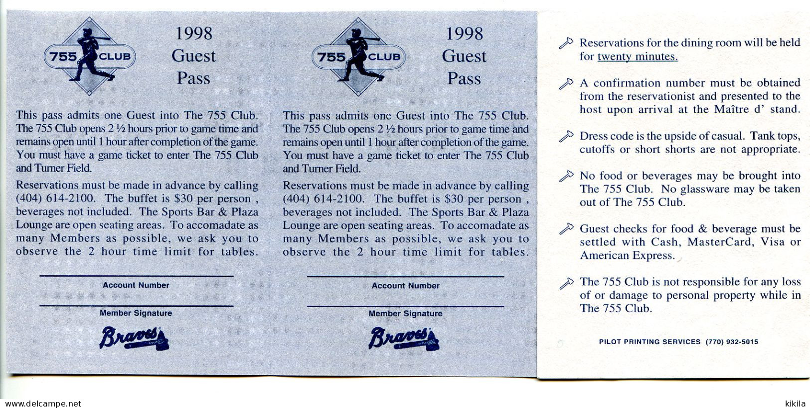 Billet Tickets Base Ball  Atlanta Braves The 755 Club Guest Pass 1998 Ensemble De 4 Billets Se Tenant* - Eintrittskarten