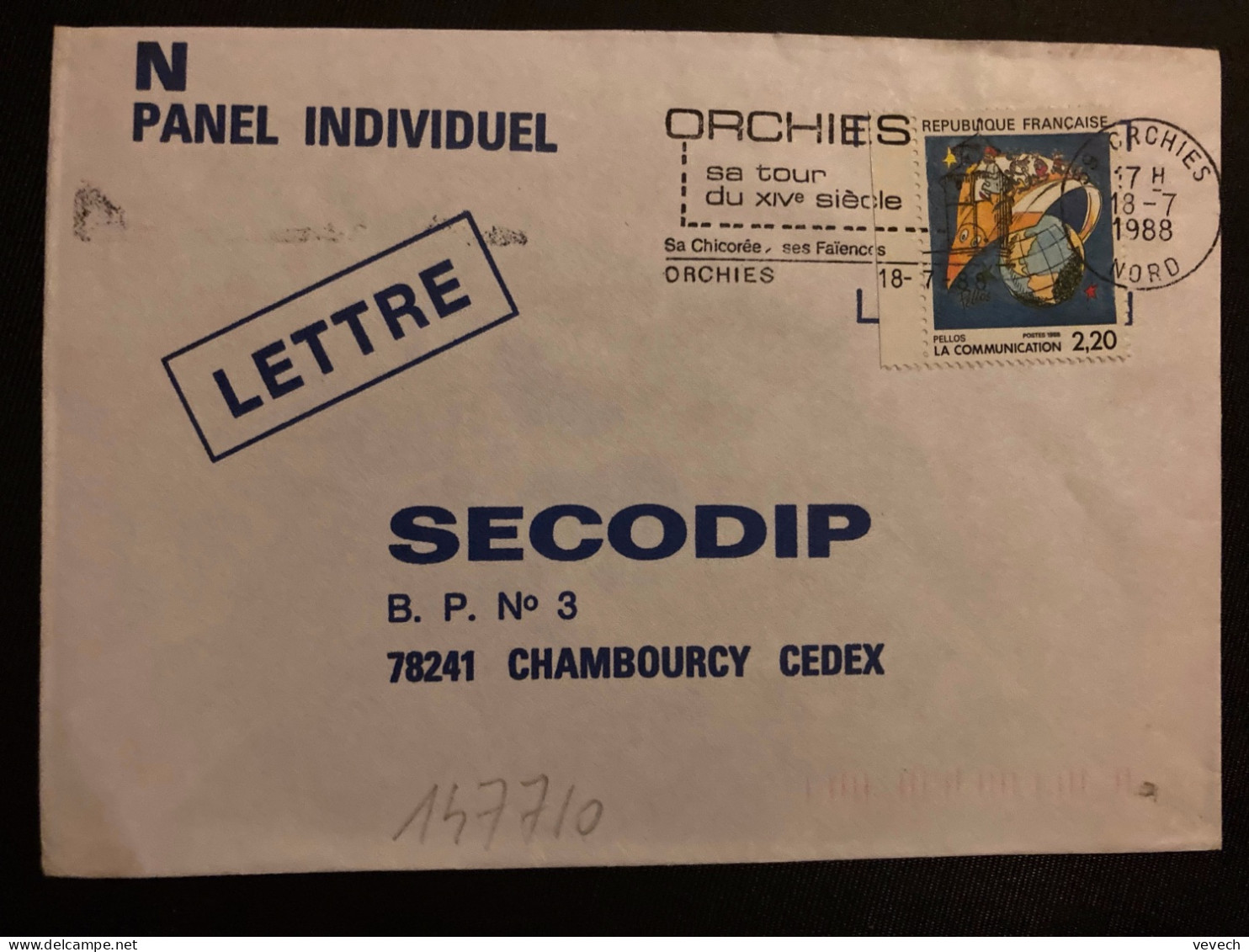 LETTRE TP YT 2503 LA COMMUNICATION PELLOS 2,20 OBL.MEC.18-7 1988 59 ORCHIES NORD - Storia Postale