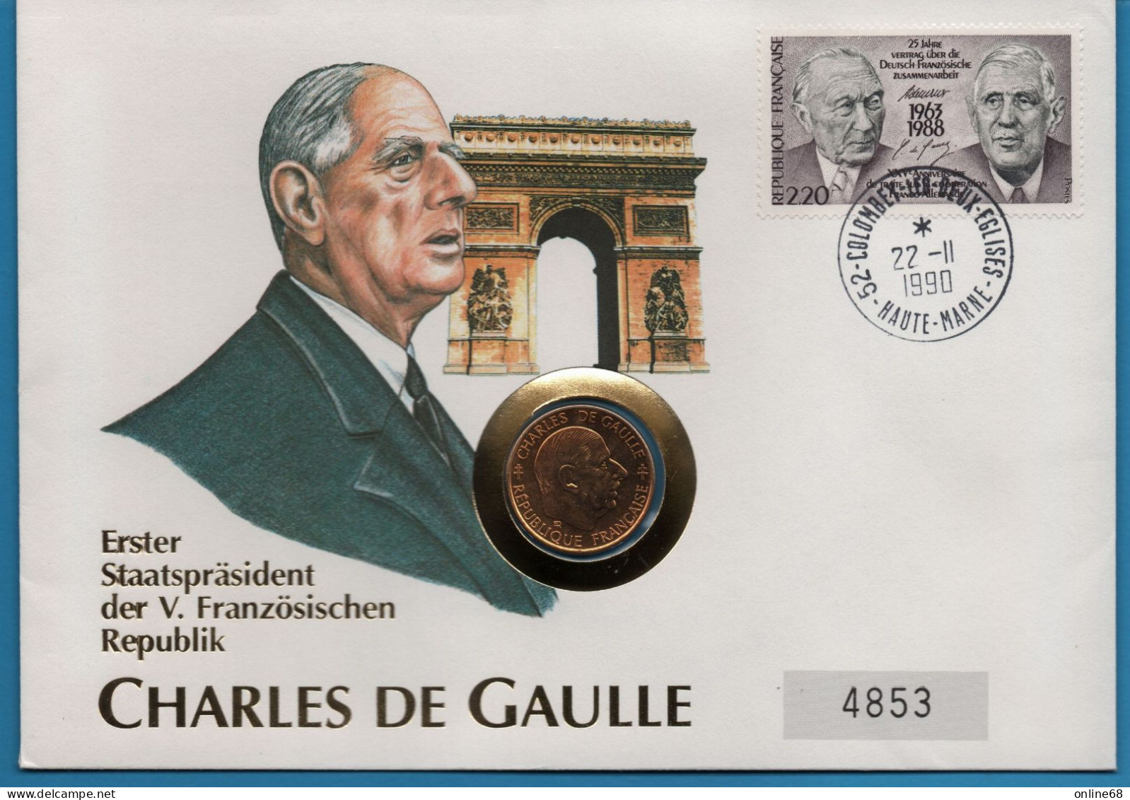 FRANCE NUMISLETTER 1 FRANC 1958 - 1988 CHARLES DE GAULLE DORÉ VERGOLDET GOLD PLATED - Gedenkmünzen