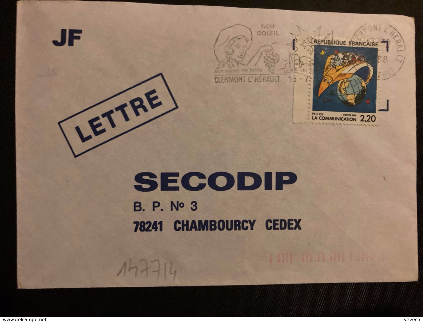 LETTRE TP YT 2503 LA COMMUNICATION PELLOS 2,20 OBL.MEC.16-7 1988 34 CLERMONT L'HERAULT - Lettres & Documents