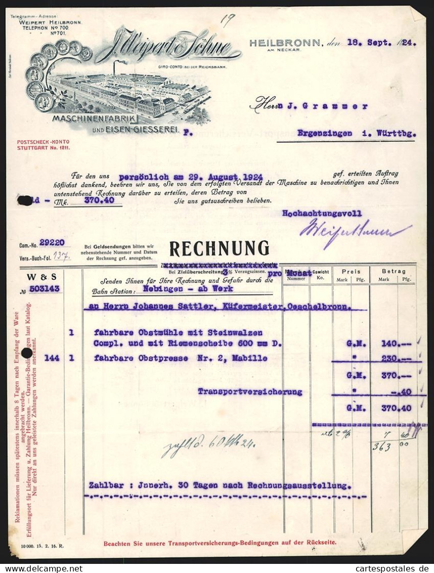 Rechnung Heilbronn 1924, J. Weipert & Söhne, Maschinenfabrik Und Eisengiesserei, Betriebsansicht Und Auszeichnungen  - Altri & Non Classificati