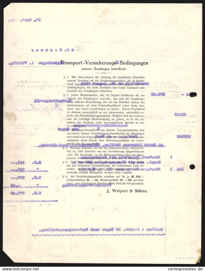 Rechnung Heilbronn 1924, J. Weipert & Söhne, Maschinenfabrik Und Eisengiesserei, Betriebsansicht Und Auszeichnungen  - Other & Unclassified
