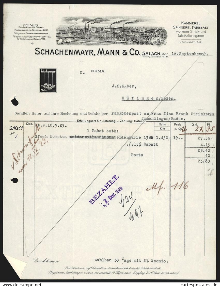 Rechnung Salach 1929, Schachenmayr, Mann & Co., Textil-Fabrikation, Betriebsansicht, Schutzmarke Und Weidende Schafe  - Autres & Non Classés
