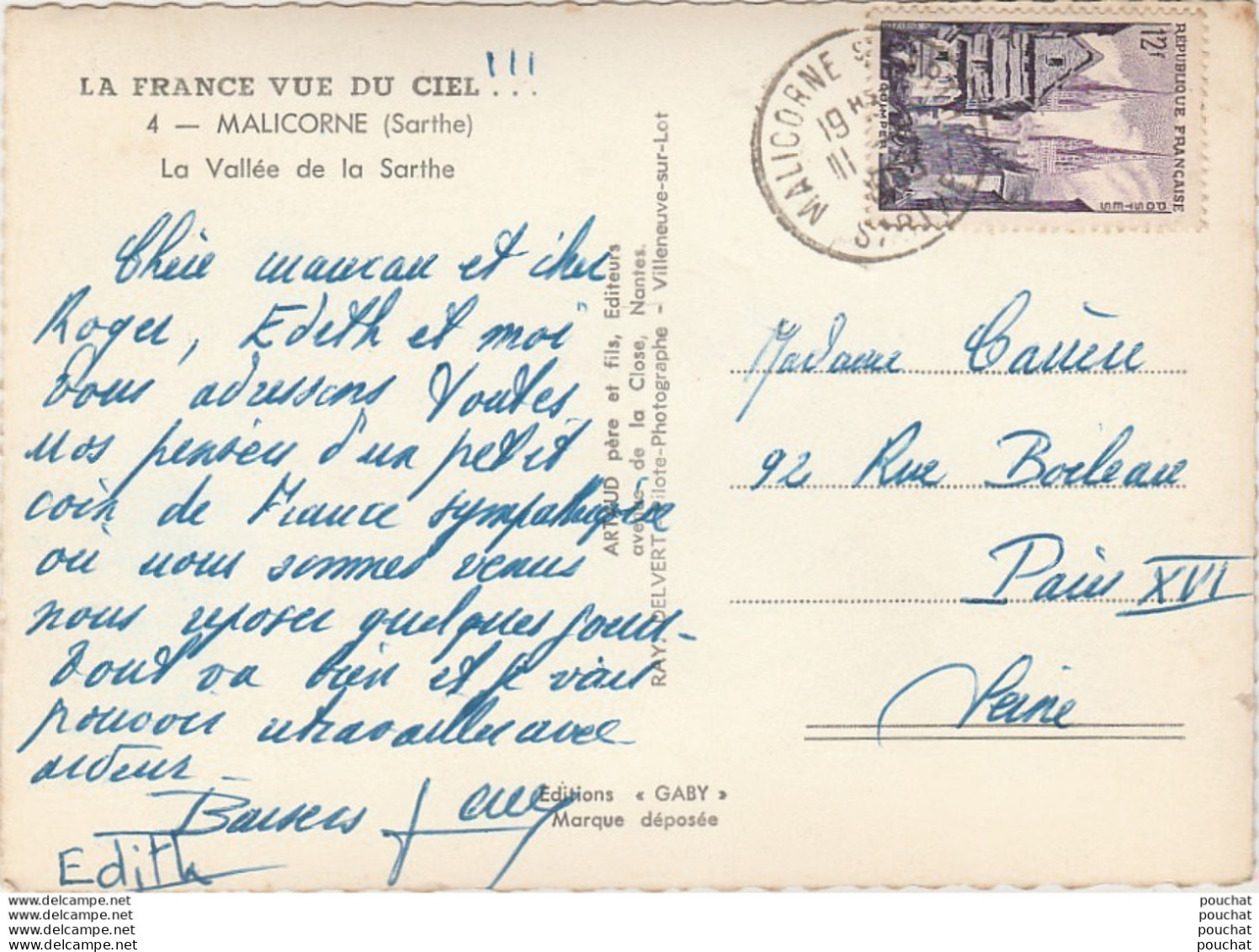 72) MALICORNE (SARTHE) LA FRANCE VUE DU CIEL... LA VALLEE DE LA SARTHEE   - ( OBLITERATION DE 1955 -  2 SCANS ) - Malicorne Sur Sarthe