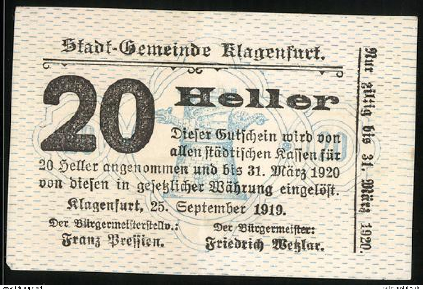 Notgeld Klagenfurt 1919, 20 Heller, Bürgermeister Friedrich Wetzlar  - Autriche