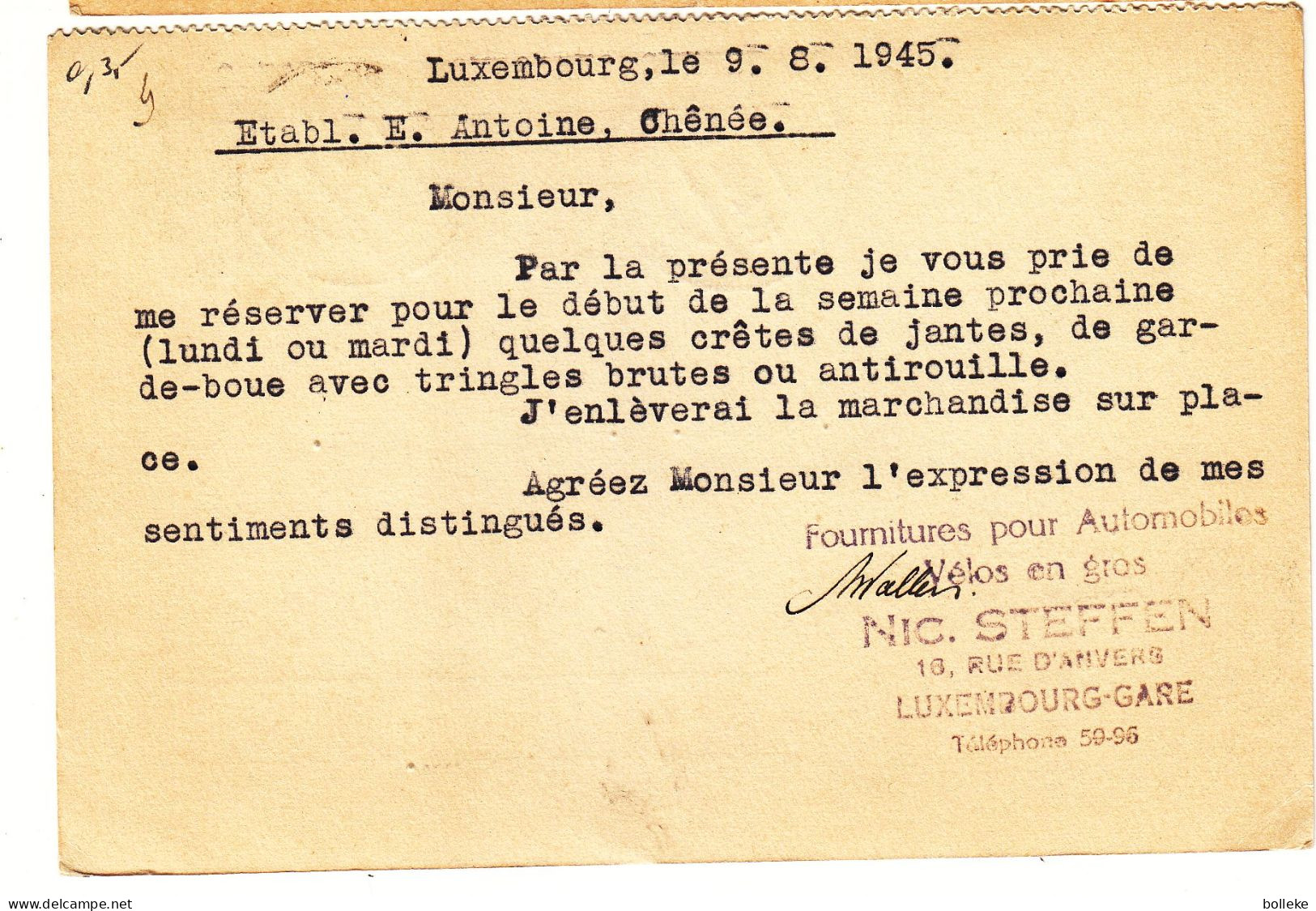 Luxembourg - Carte Postale De 1945 - Oblit Luxembourg - Exp Vers Chenée - - Briefe U. Dokumente