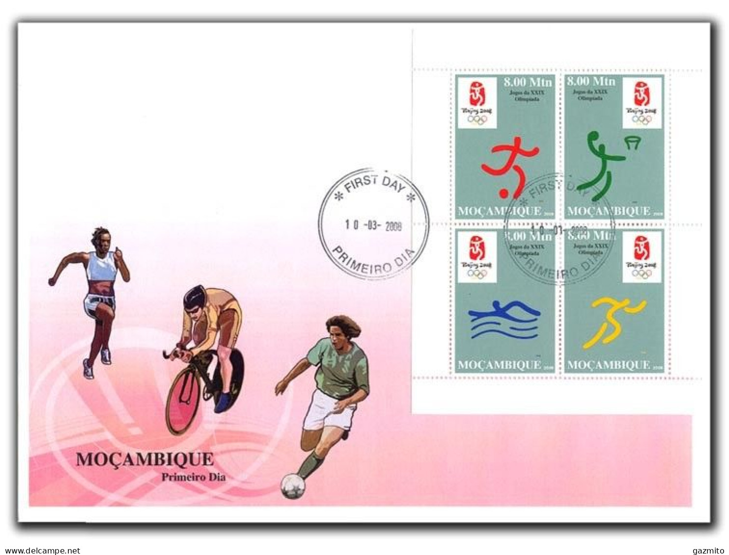 Mozambico 2008, Olympic Games In Beijing, Football, Basketball, Swimming, Athletic, 4val In FDC - Basketball