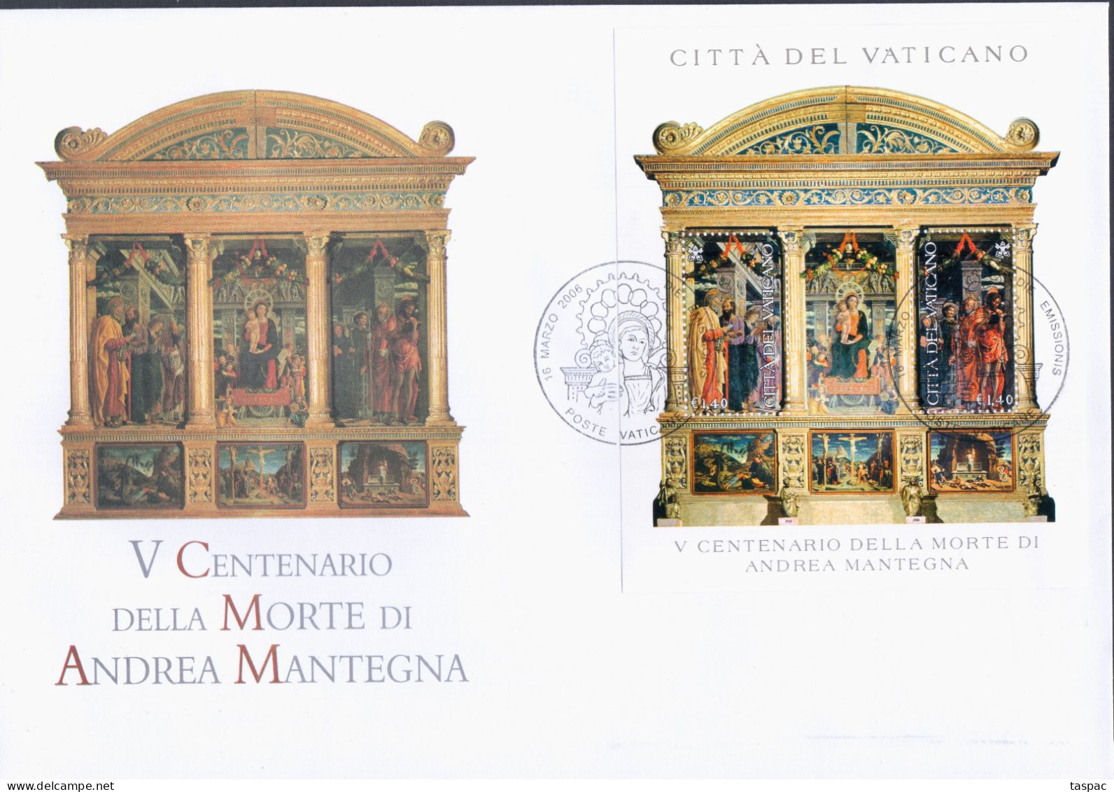 Vatican 2006 Mi# 1548-1550, Block 27 - FDC (3) - Paintings By Andrea Mantegna - FDC