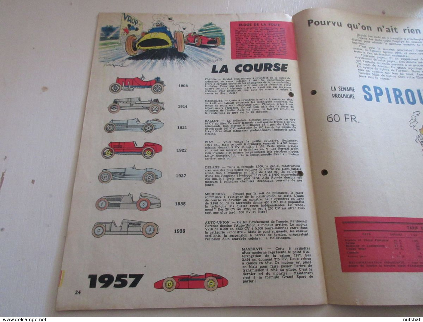 SPIROU 0999 P 06.06.1957 TRAINS En 1957 Les VOITURES De COURSE De 1908 A 1957    - Spirou Magazine