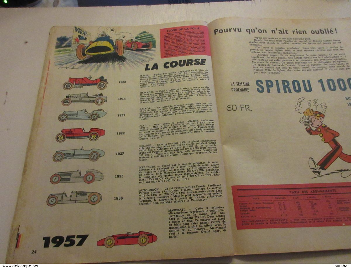 SPIROU 0999 06.06.1957 Les TRAINS De 1957 Les VOITURES De COURSE De 1908 A 1957  - Spirou Magazine