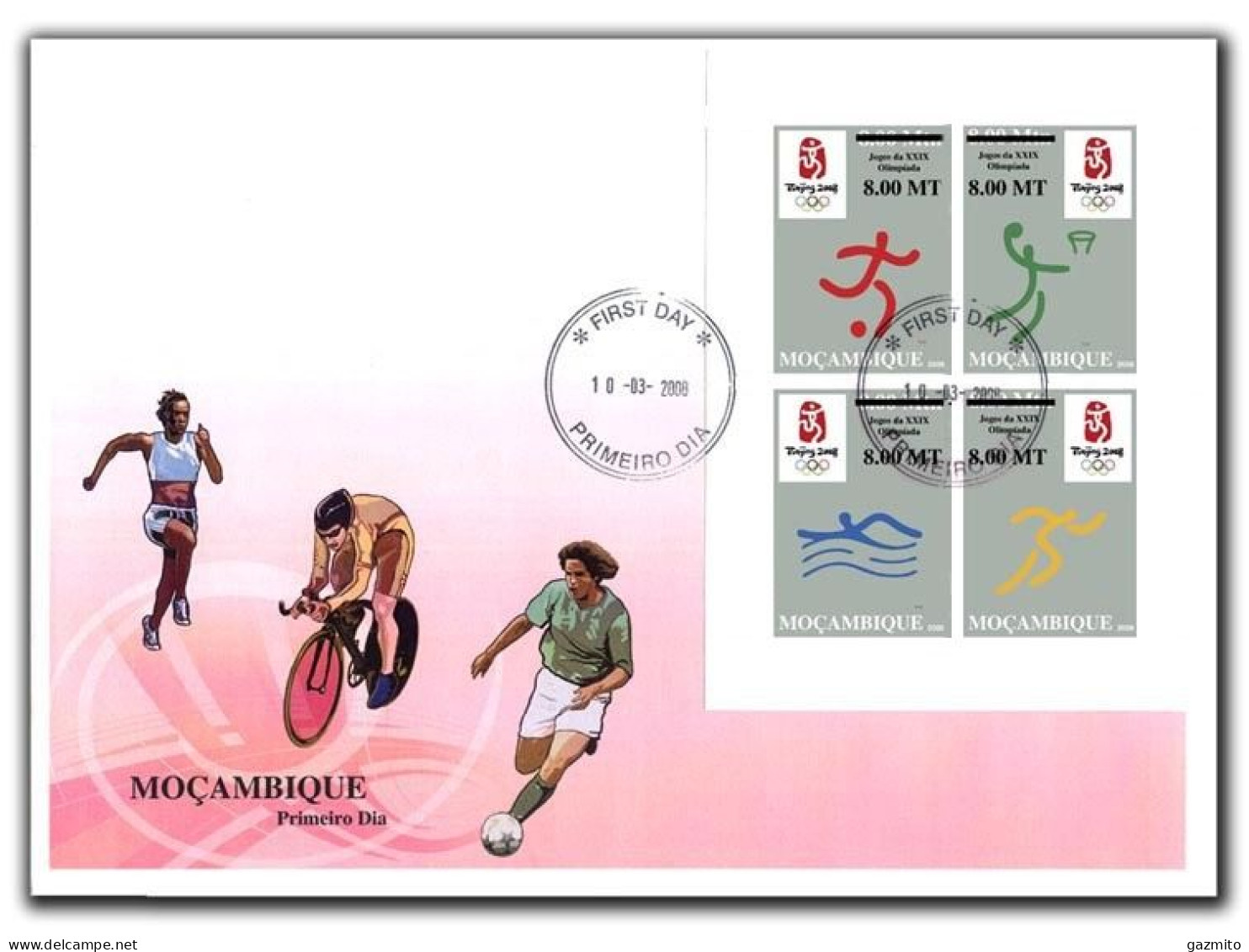 Mozambico 2008, Olympic Games In Beijing, Football, Basketball, Swimming, Athletic, Overprinted, 4val IMPERFO. In FDC - Swimming