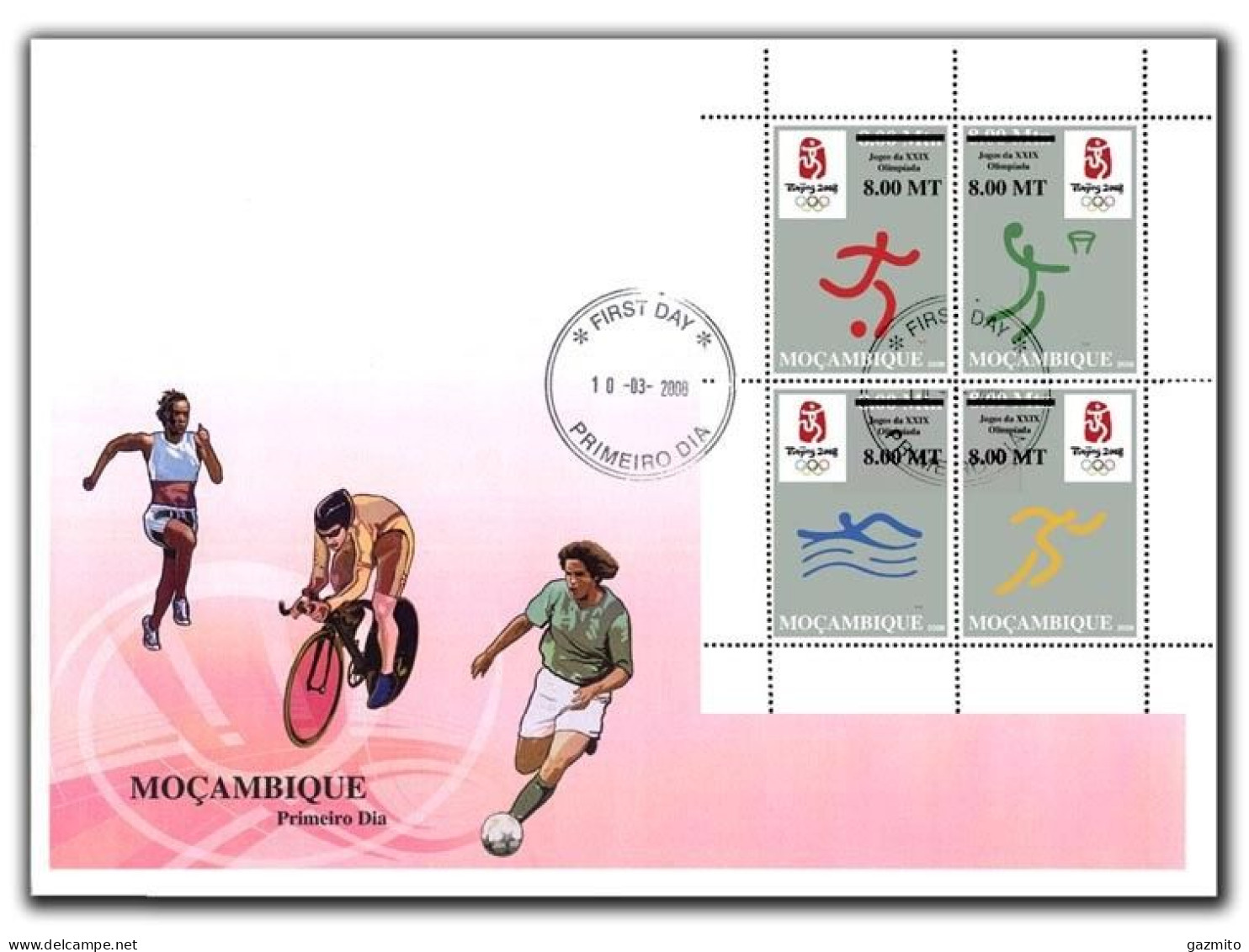 Mozambico 2008, Olympic Games In Beijing, Football, Basketball, Swimming, Athletic, Overprinted, 4val In FDC - Zomer 2008: Peking