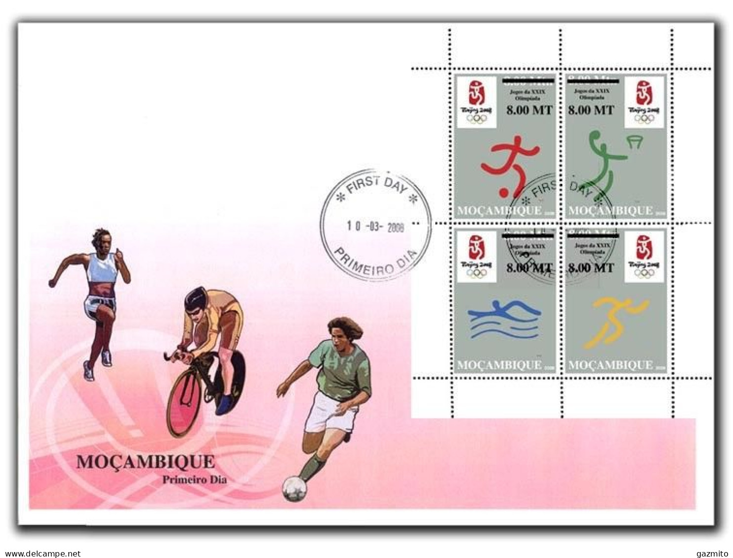Mozambico 2008, Olympic Games In Beijing, Football, Basketball, Swimming, Athletic, Overprinted, 4val In FDC - Nuovi