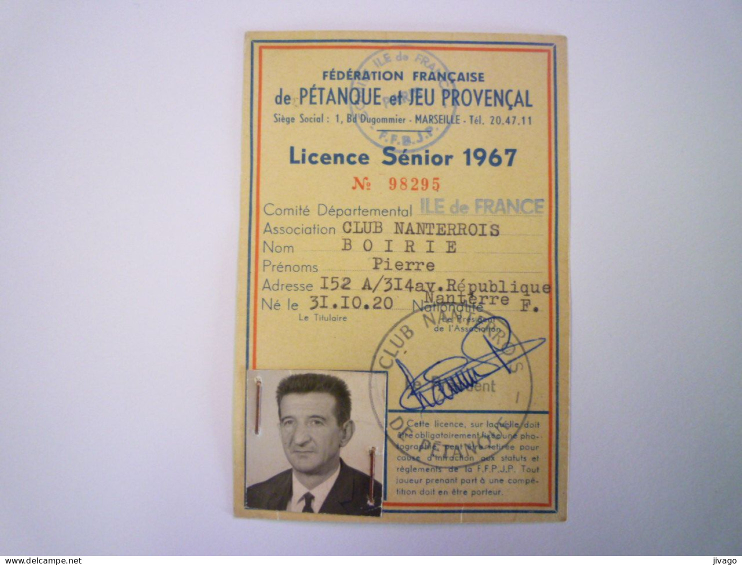 2024 - 1257  PETANQUE Et JEU PROVENCAL  :  LICENCE SENIOR  1967   XXX - Petanca