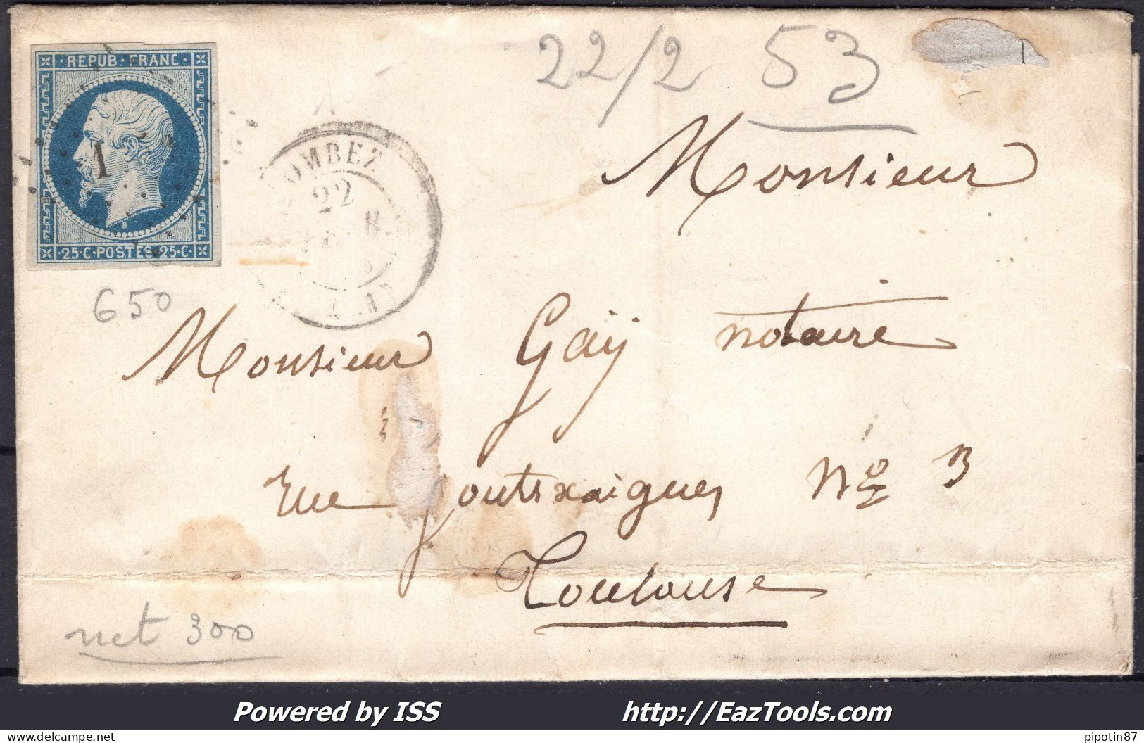 FRANCE PRESIDENCE N° 10 SUR LETTRE AVEC PC 2071 LOMBEZ GERS + CAD DU 22/02/1853 - 1852 Louis-Napoleon