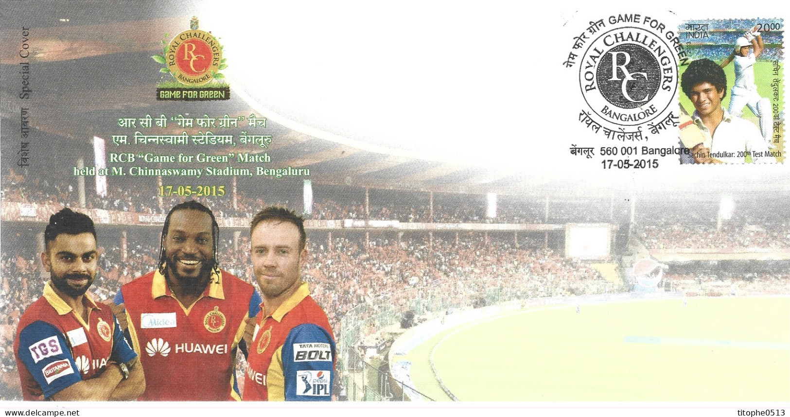 INDE. Superbe Enveloppe Commémorative De 2015. RCB "Games For Green". - Cricket