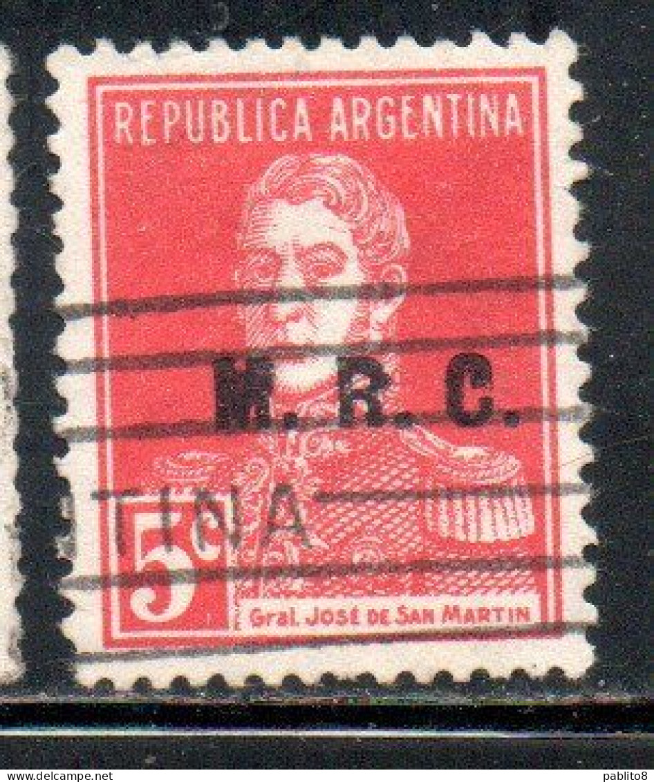 ARGENTINA 1923 1931 OFFICIAL DEPARTMENT STAMP OVERPRINTED M.R.C. MINISTRY OF FOREIGN AFFAIRS RELIGION MRC 5c USED USADO - Oficiales