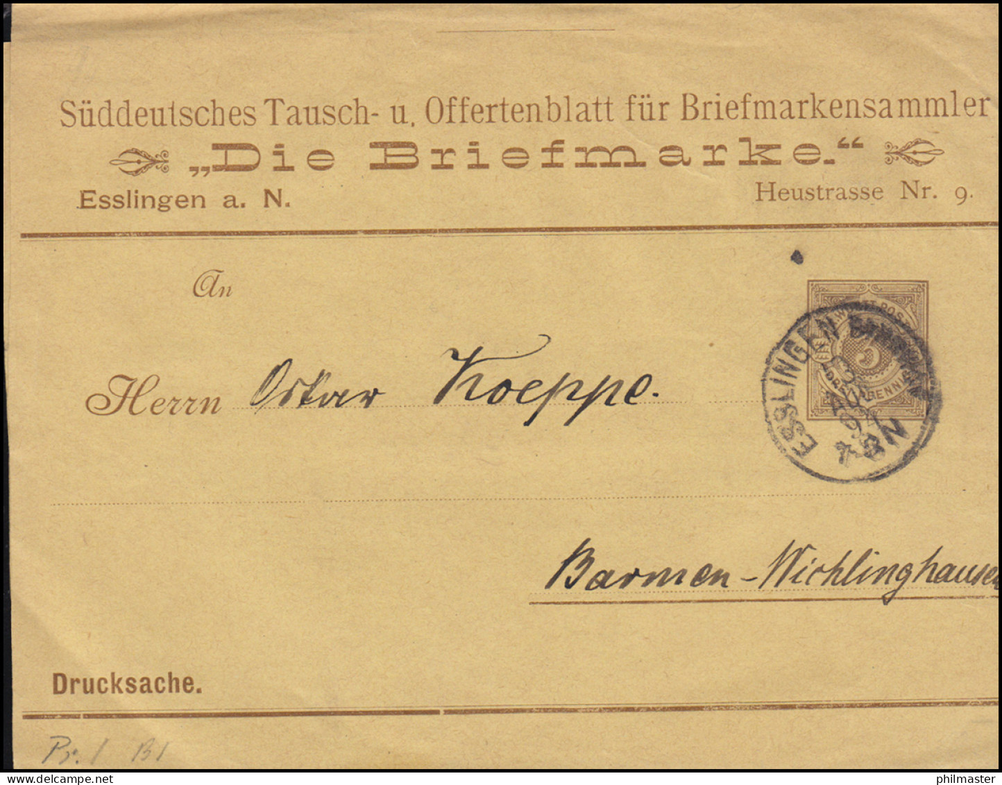 Württemberg PS 2 Streifband Die Briefmarke ESSLINGEN-BAHNHOF 13.8.1894 - Postwaardestukken