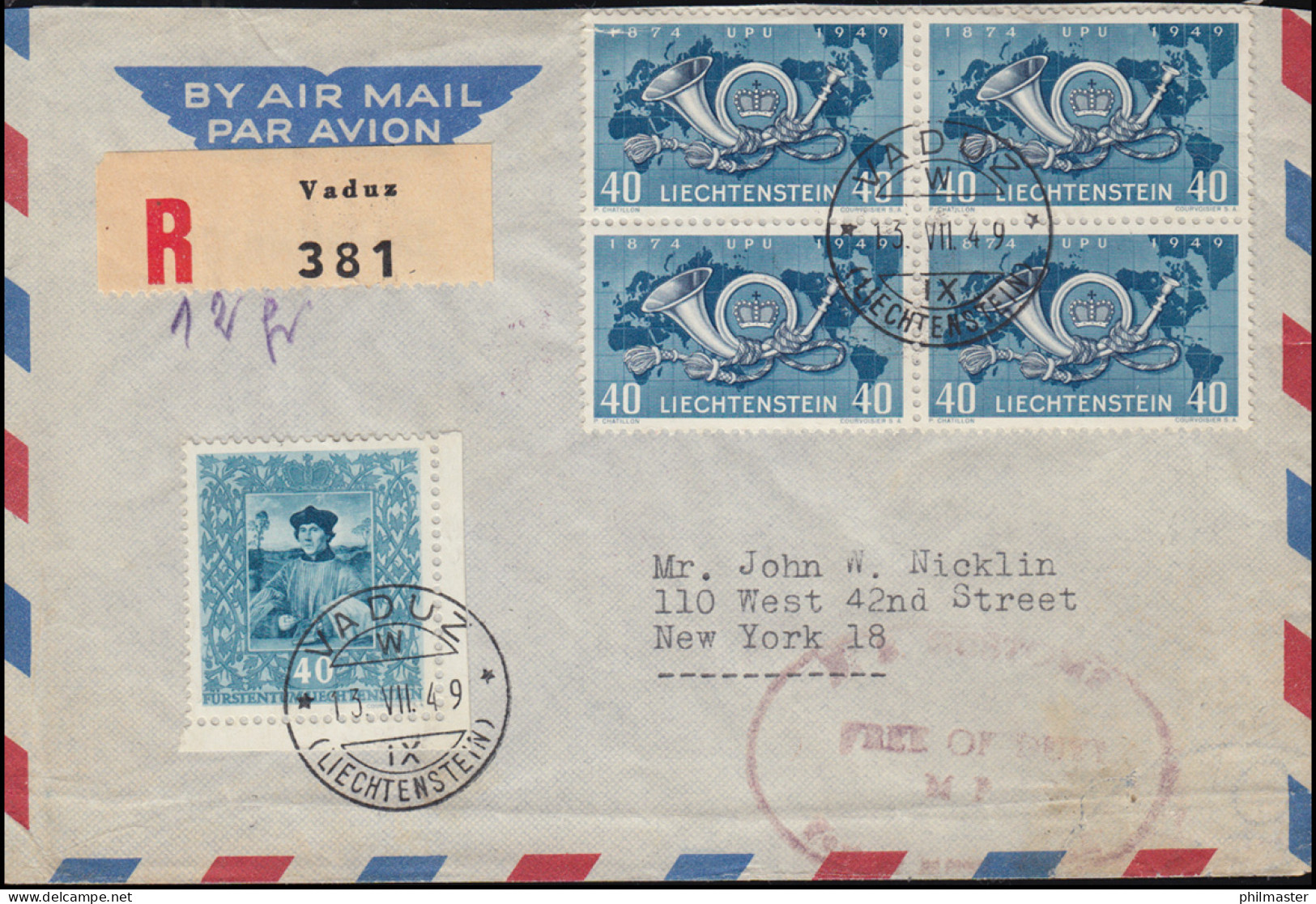 Liechtenstein 277 Weltpostverein Im Viererbock Mit 271 R-Brief VADUZ 13.7.1949 - U.P.U.