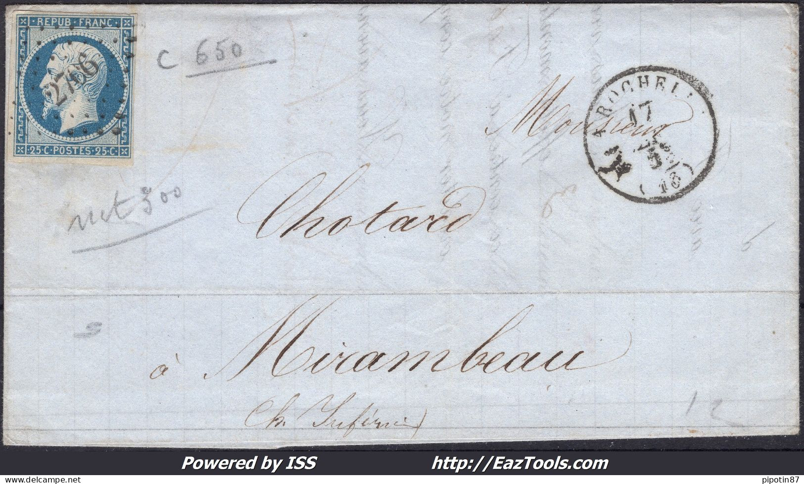 FRANCE PRESIDENCE N° 10 SUR LETTRE AVEC PC 2706 LA ROCHELLE + CAD DU 17/09/1853 - 1852 Luis-Napoléon